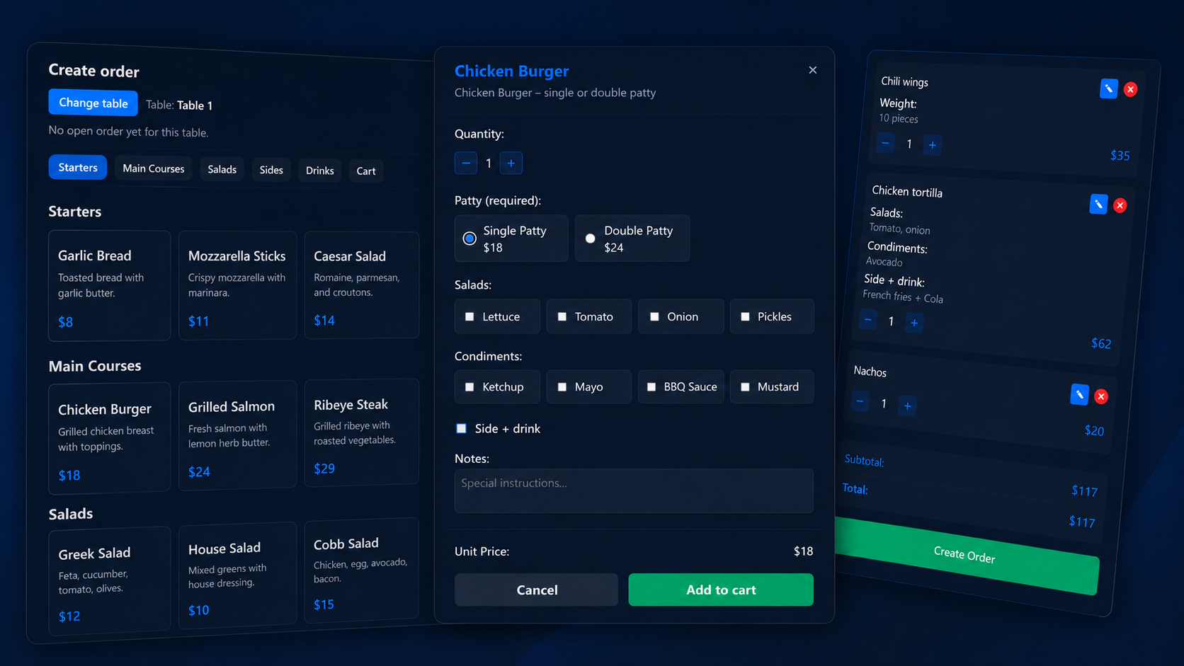 Waiter order screen